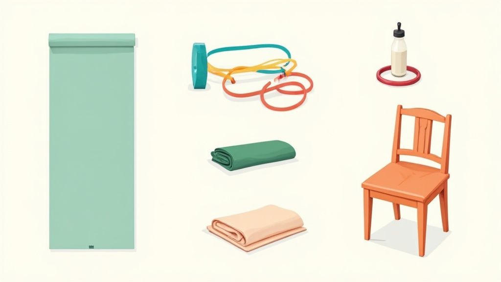 Home workout equipment including yoga mat, resistance bands, towels, water bottle and chair on neutral background