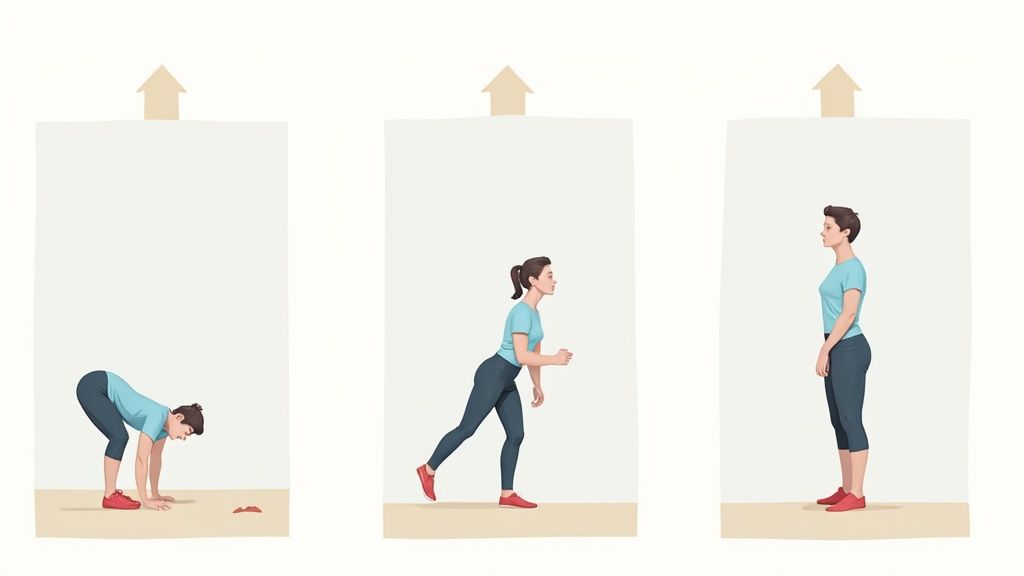 Woman demonstrating three-step burpee exercise sequence from bent position to lunge to standing