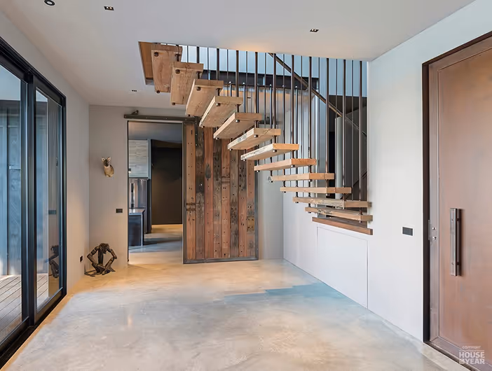 Floating Stair Treads sawn from rustic recycled ironbark hardwood power and wharf poles. Supplied By Renovo Timbers