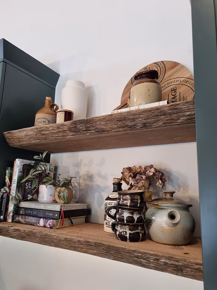 Hardwood Floating shelves recycled from old wharf piles, resawn with a live rustic edge