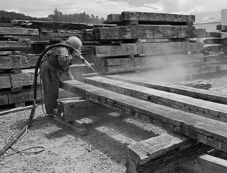 Worker at the Renovo Timber Yard Oamaru, Sandblasting recycled hardwood timber beam, to create a clean finish. 