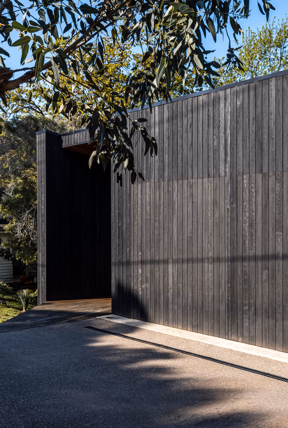 Modern building with vertical dark wooden paneling under blue sky, partially shaded by tree branches and leaves.