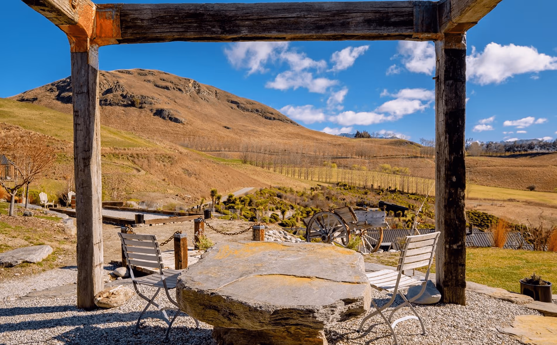 HawkRidge Chateu, Queenstown | Rustic hardwood Pergola view of Central Otago