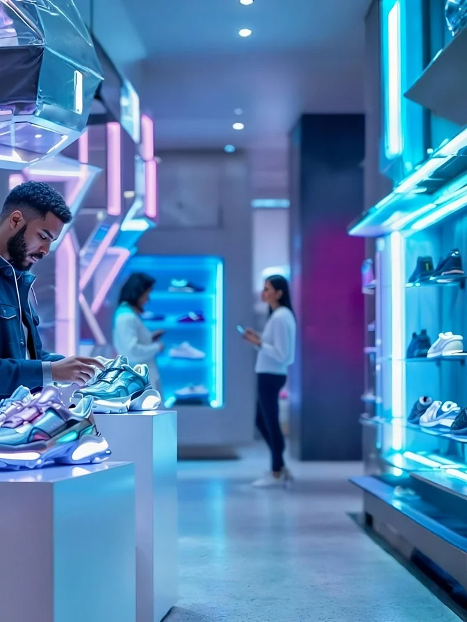 Modernes Schuhgeschäft mit Verkäufer und zwei Kundinnen im Hintergrund im Gespräch.