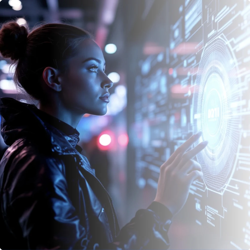 Frau interagiert mit digitalem Display – Symbol für KI-gestützte Transformation