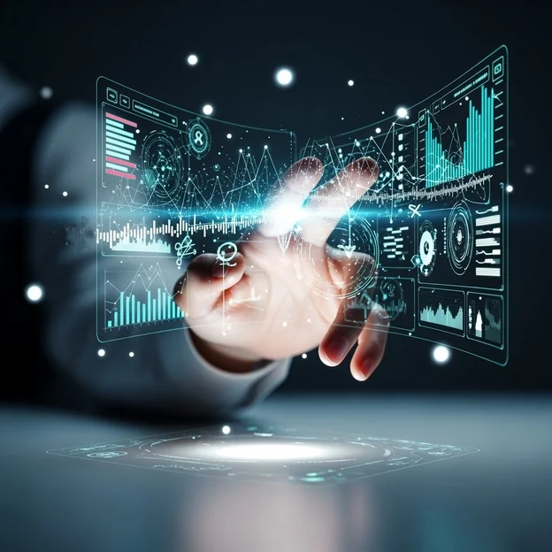 Hand interagiert mit holografischem Daten-Dashboard – Symbol für digitale Transformation.