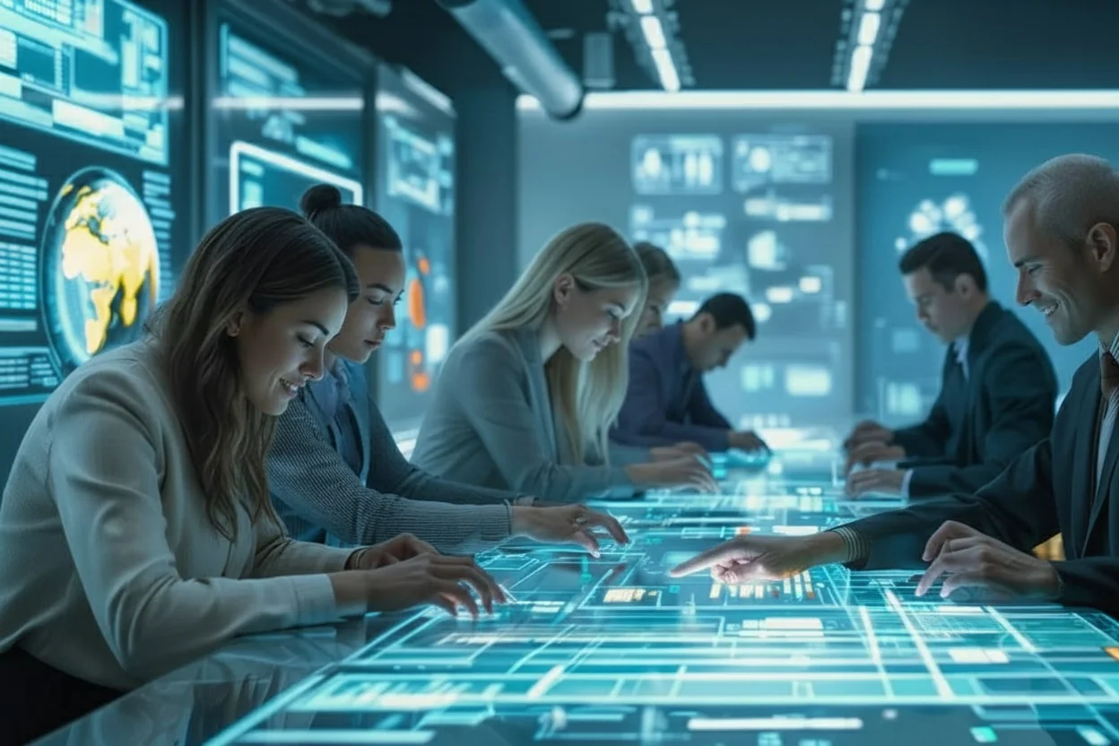 Fachkräfte optimieren Prozesse an interaktivem Datentisch in moderner Arbeitsumgebung