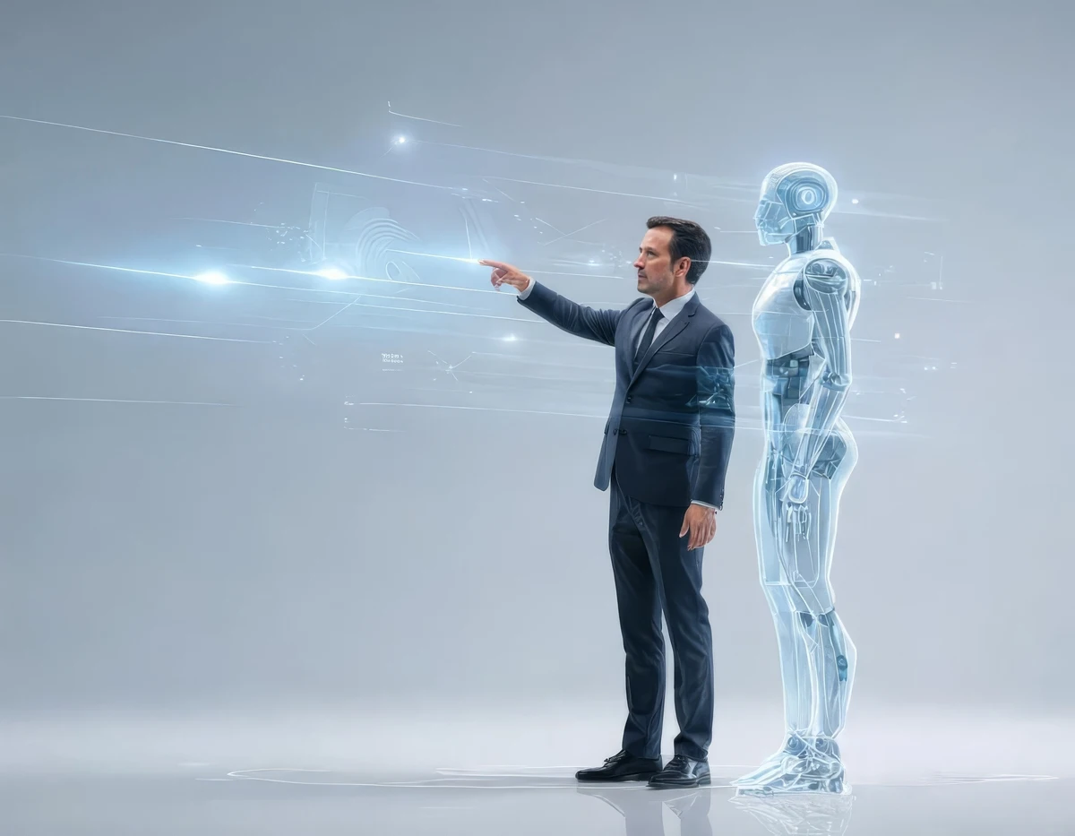 Manager in Anzug zeigt mit ausgestrecktem Arm nach vorn, eine holografische KI folgt – Symbol für Mensch-KI-Führung und Zusammenarbeit.