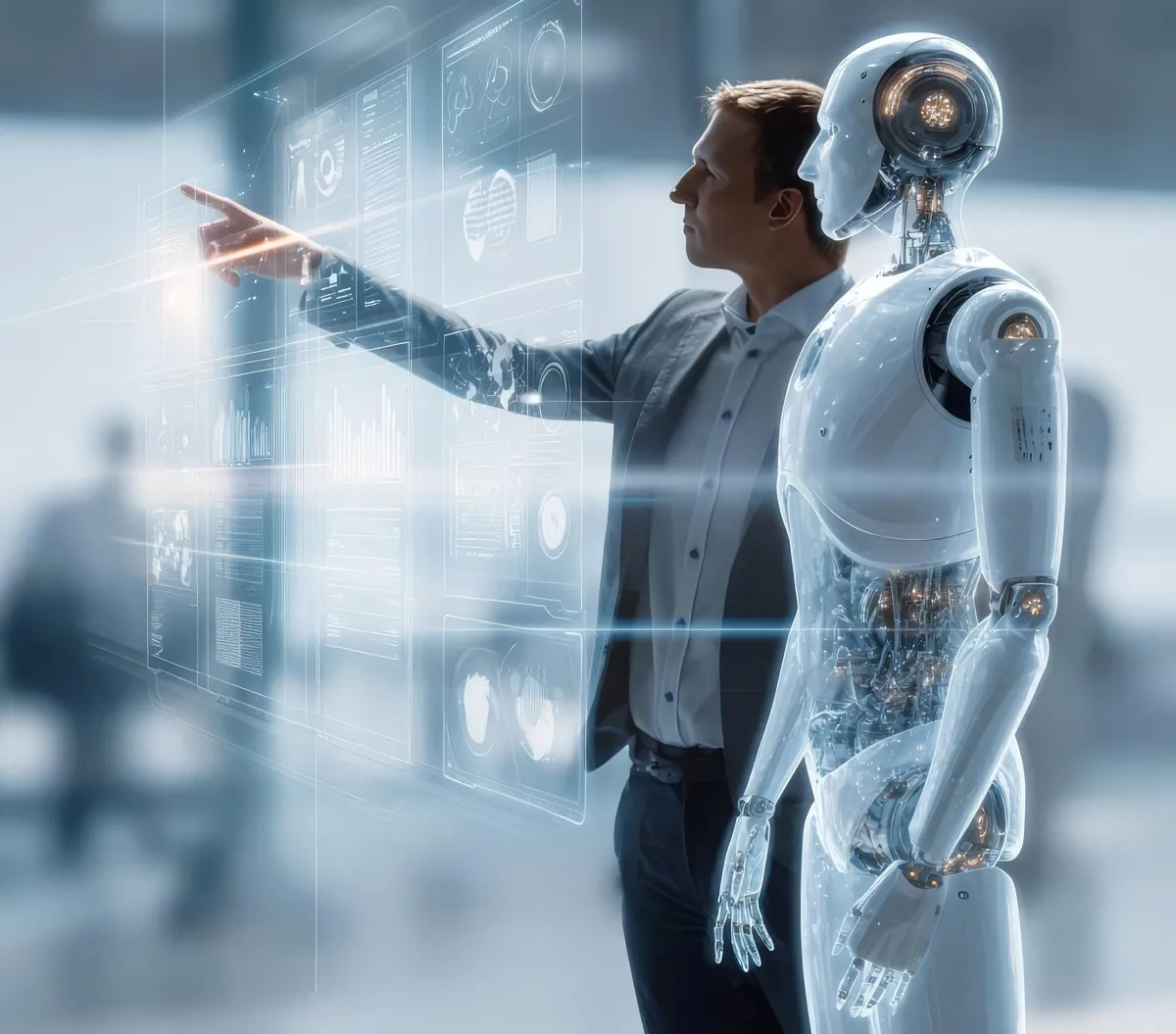 Mann und Roboter analysieren Daten am digitalen Display – Symbol für KI-Co-Lead und innovative Mensch-KI-Kollaboration.