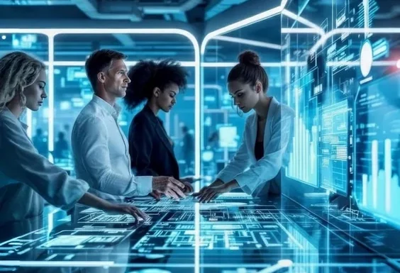 Team mit KI arbeitet an leuchtendem Datentisch, analysiert Daten in High-Tech-Umgebung – Symbol für KI-Co-Lead-Führung und Zusammenarbeit.