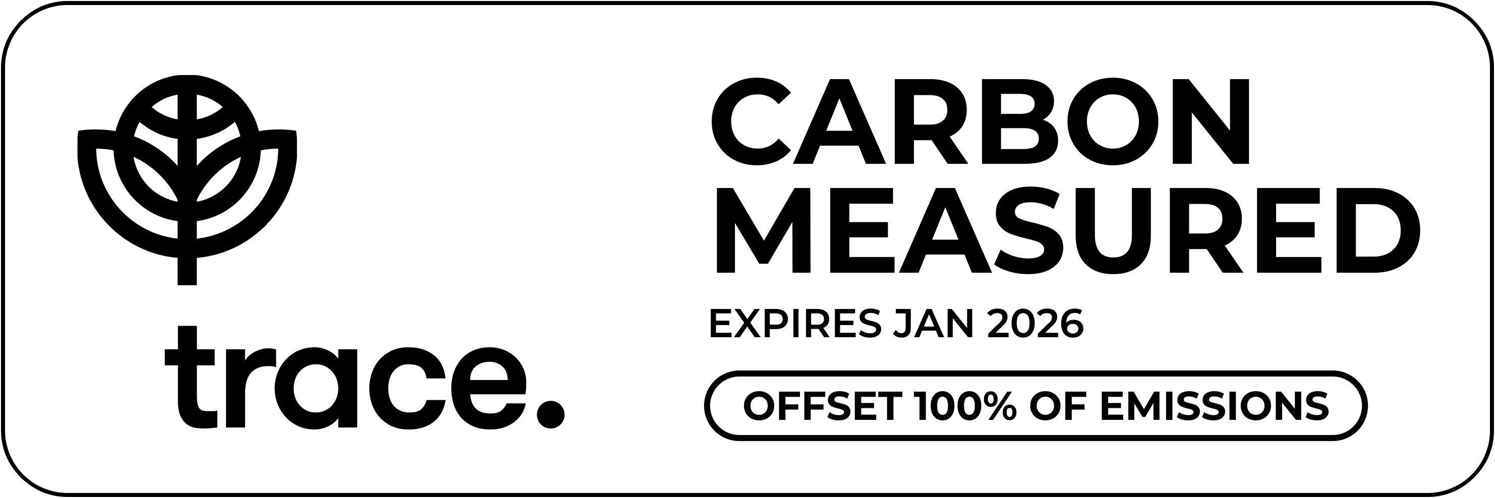 Trace logo with a leaf symbol and text stating carbon measured, expires January 2026, offsets 100% of emissions.