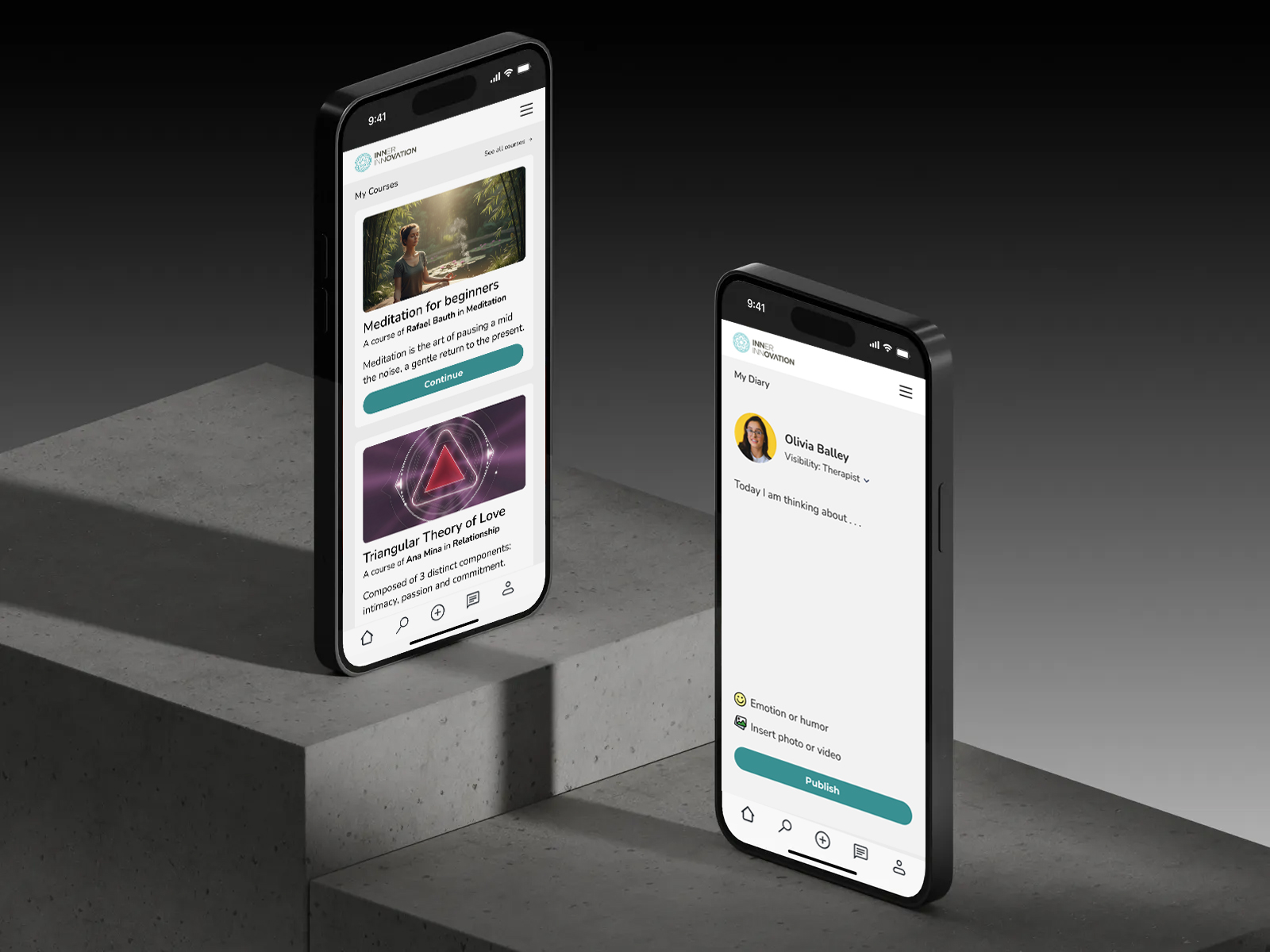 Mockup showing two cellphones displaying a social media app