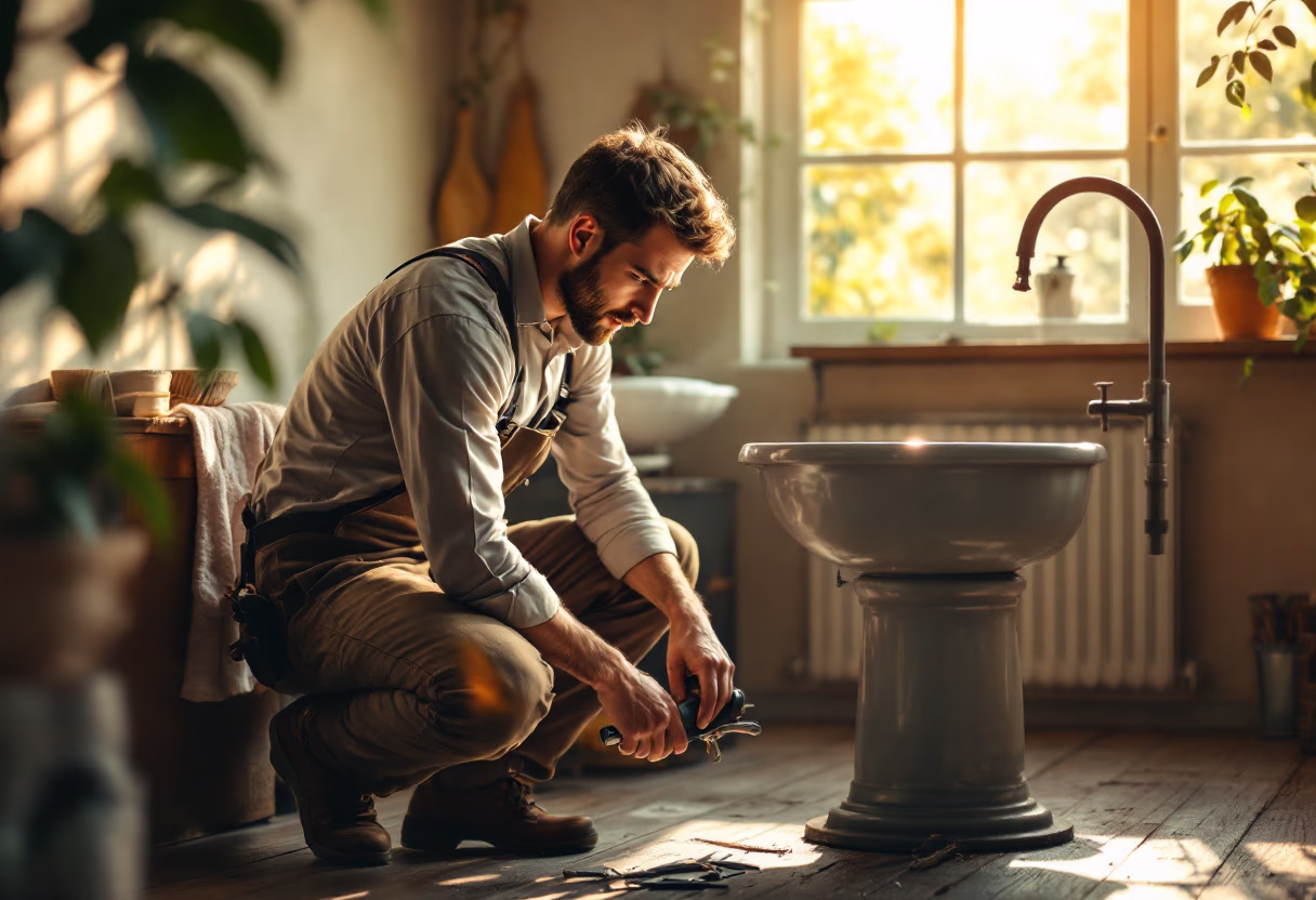 image of plumber working under a sink