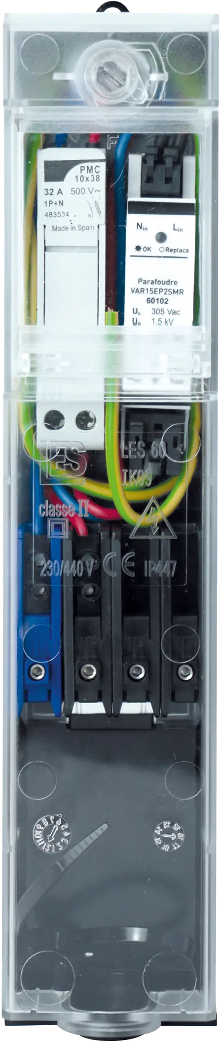 Coffret 60 LES gris, IP44, IK09, 2 modules max, vue frontale fermée, petit coffret compact avec façade transparente.