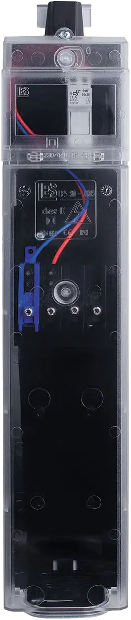 Coffret 90 et 90 L LES noir, IP44, IK09, 12 modules max, vue de face fermée, coffret vertical à grande capacité avec façade transparente.