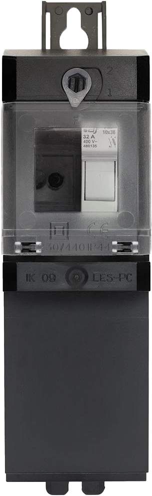 Vue frontale du Coffret Façade LES noir, illustrant la façade solide et les fixations pour boulons M6/M8.