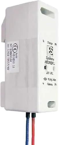 Module LES HEUREKO IS pour économie d’énergie, horloge interrupteur horaire blanche avec câbles d’alimentation et console de programmation, vue de côté.