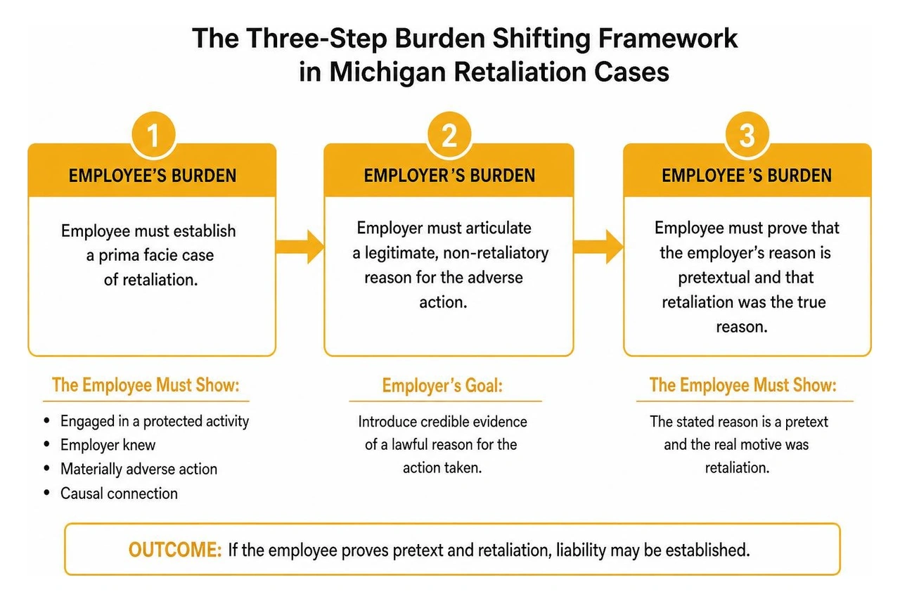 The three-step burden shifting framework in Michigan retaliation cases The three-step burden shifting framework in Michigan retaliation cases