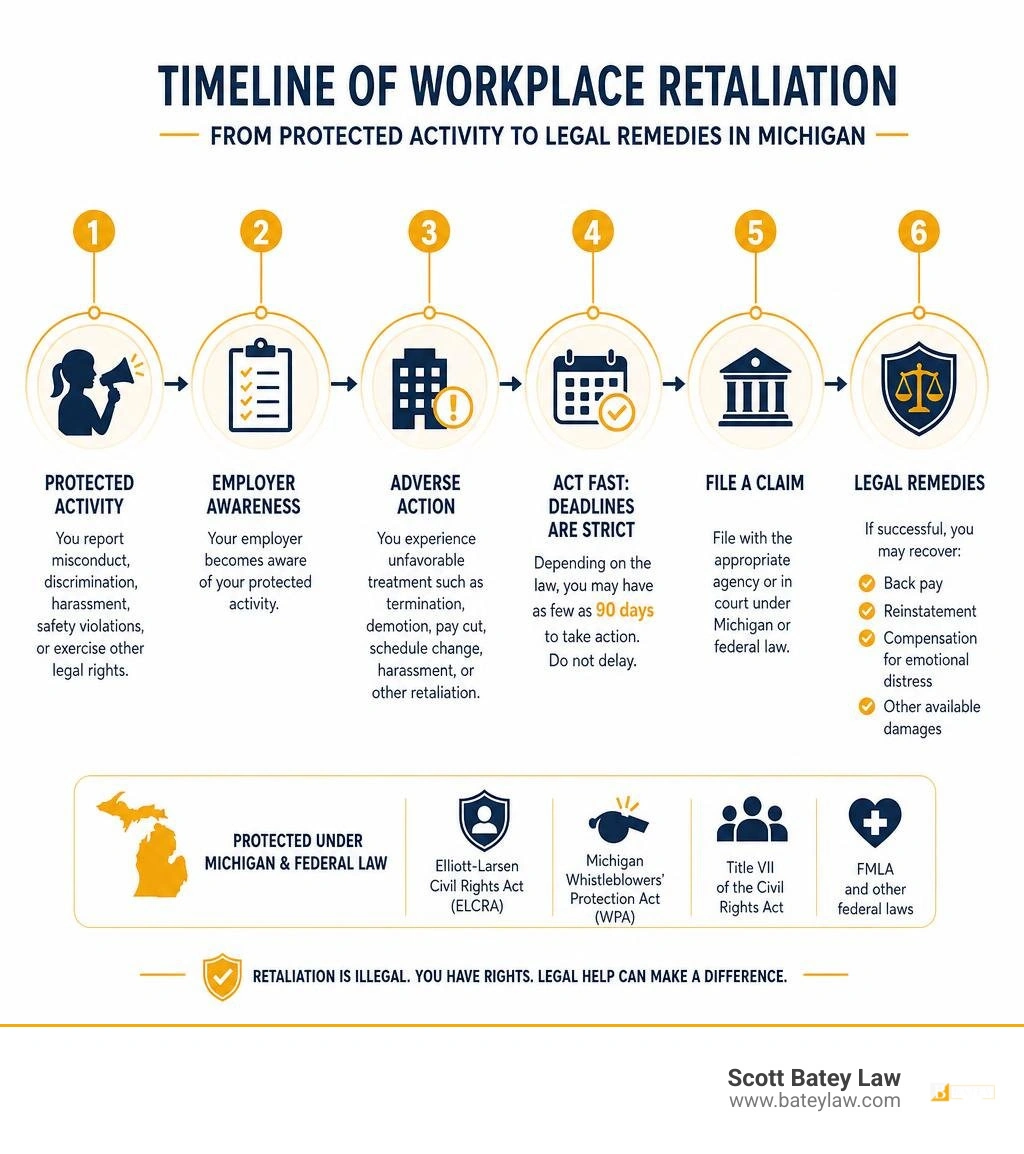 Timeline of workplace retaliation from protected activity to legal remedies in Michigan infographic Timeline of workplace retaliation from protected activity to legal remedies in Michigan infographic