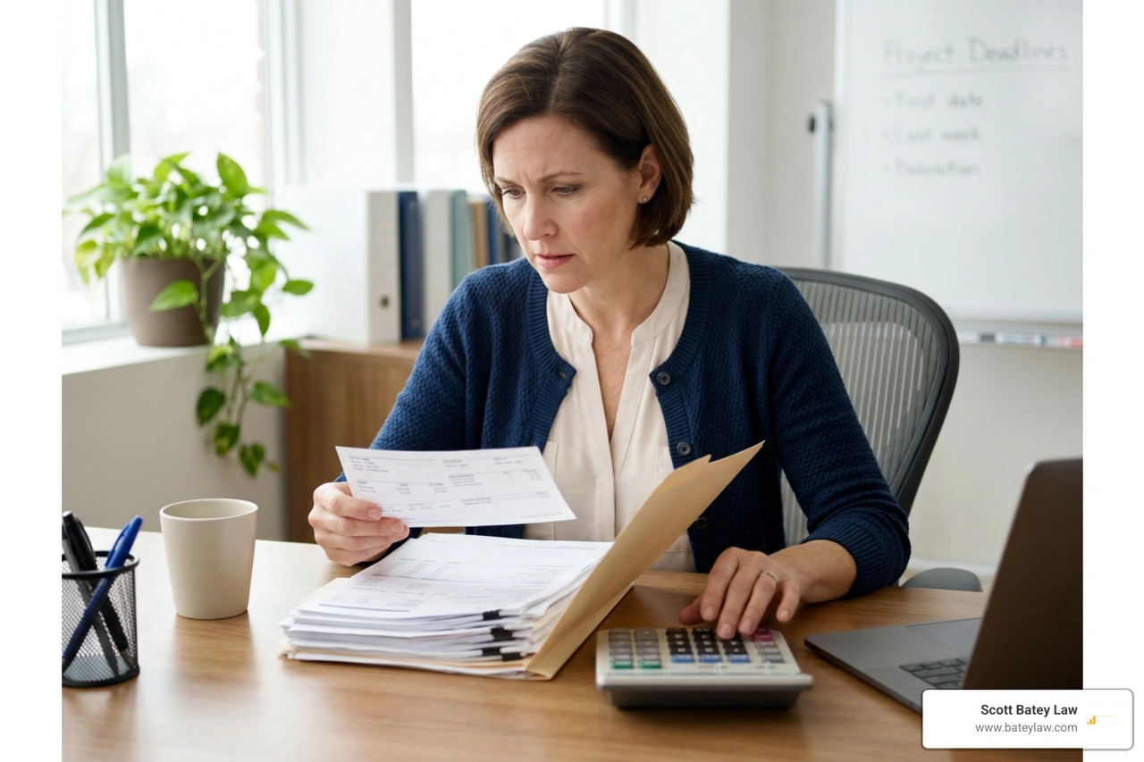 Employee reviewing pay stubs for potential wage theft and misclassification Employee reviewing pay stubs for potential wage theft and misclassification