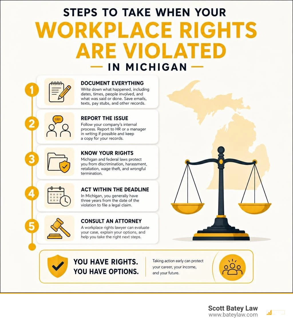 Steps to take when your workplace rights are violated in Michigan infographic Steps to take when your workplace rights are violated in Michigan infographic