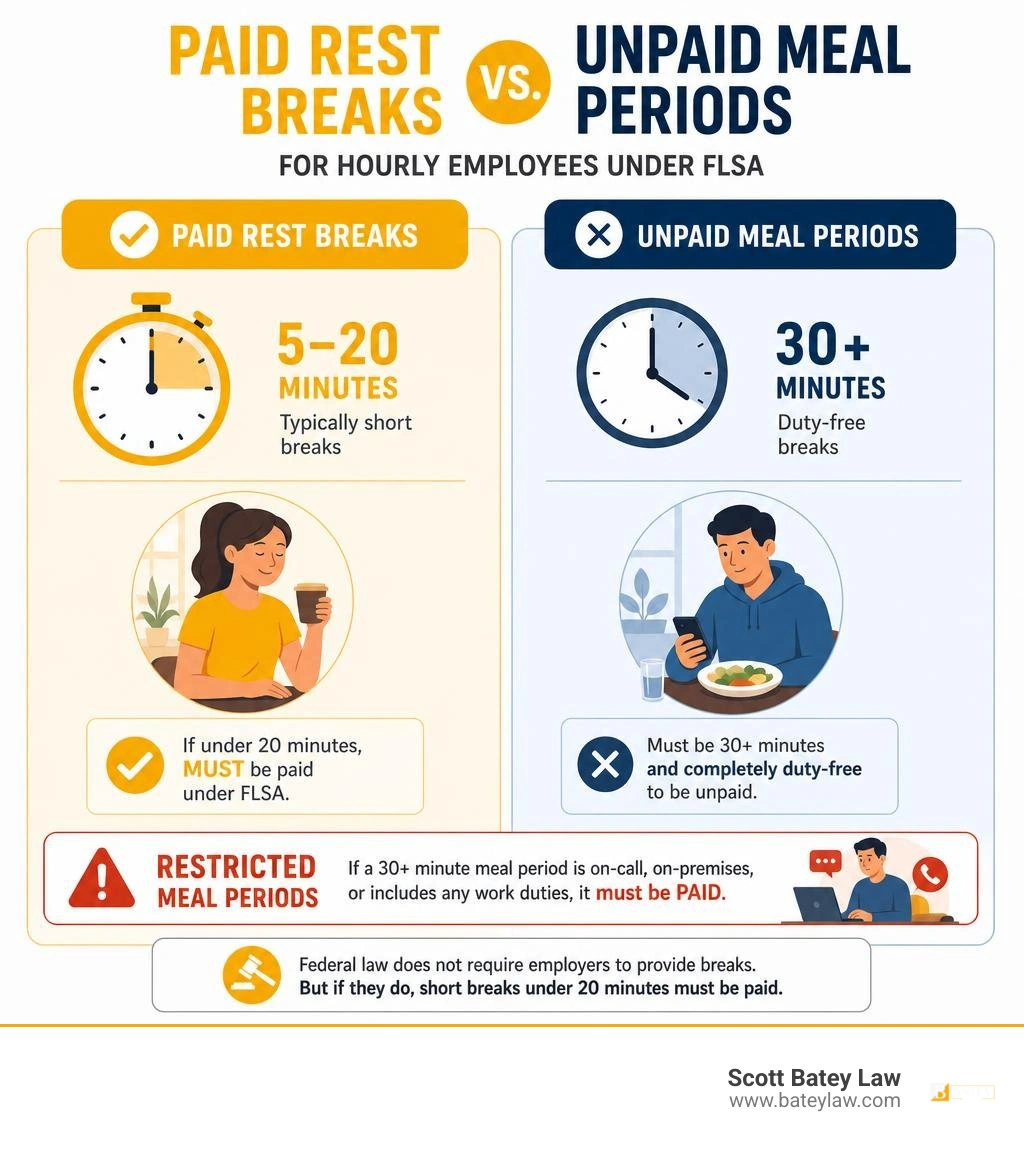 Paid rest breaks vs unpaid meal periods for hourly employees under FLSA infographic Paid rest breaks vs unpaid meal periods for hourly employees under FLSA infographic