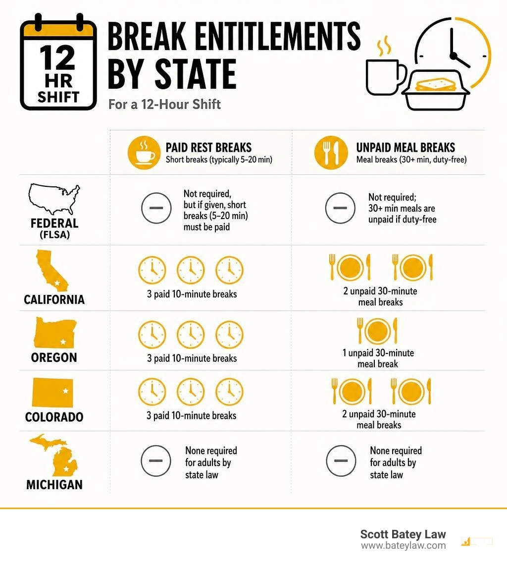 Infographic showing break entitlements by state for a 12-hour shift: federal, California, Oregon, Colorado, Michigan Infographic showing break entitlements by state for a 12-hour shift: federal, California, Oregon, Colorado, Michigan