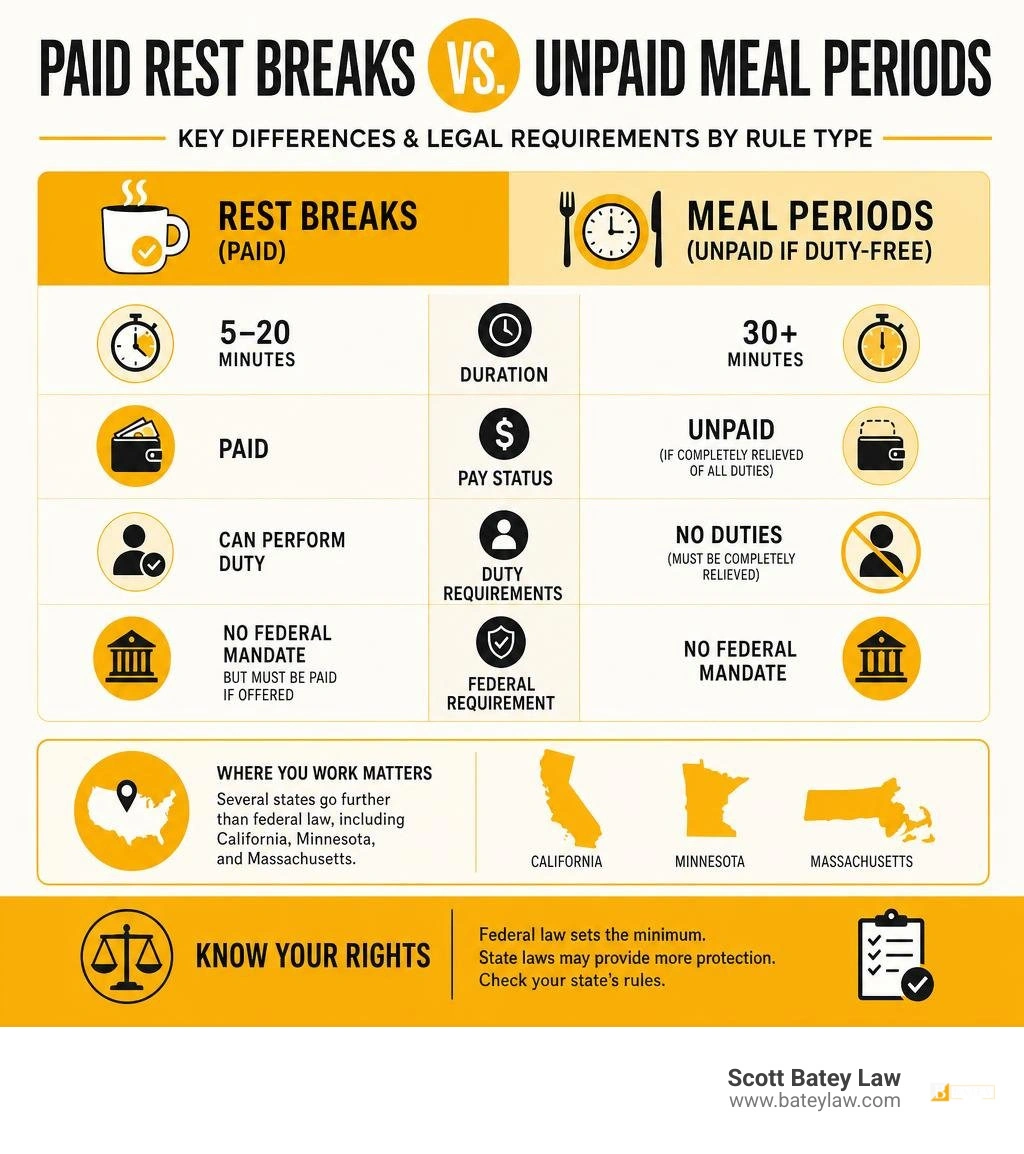 Paid rest breaks vs. unpaid meal periods: key differences and legal requirements by rule type infographic Paid rest breaks vs. unpaid meal periods: key differences and legal requirements by rule type infographic
