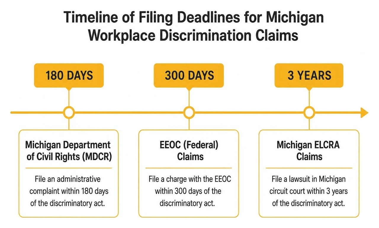 Timeline of filing deadlines for Michigan workplace discrimination claims Timeline of filing deadlines for Michigan workplace discrimination claims