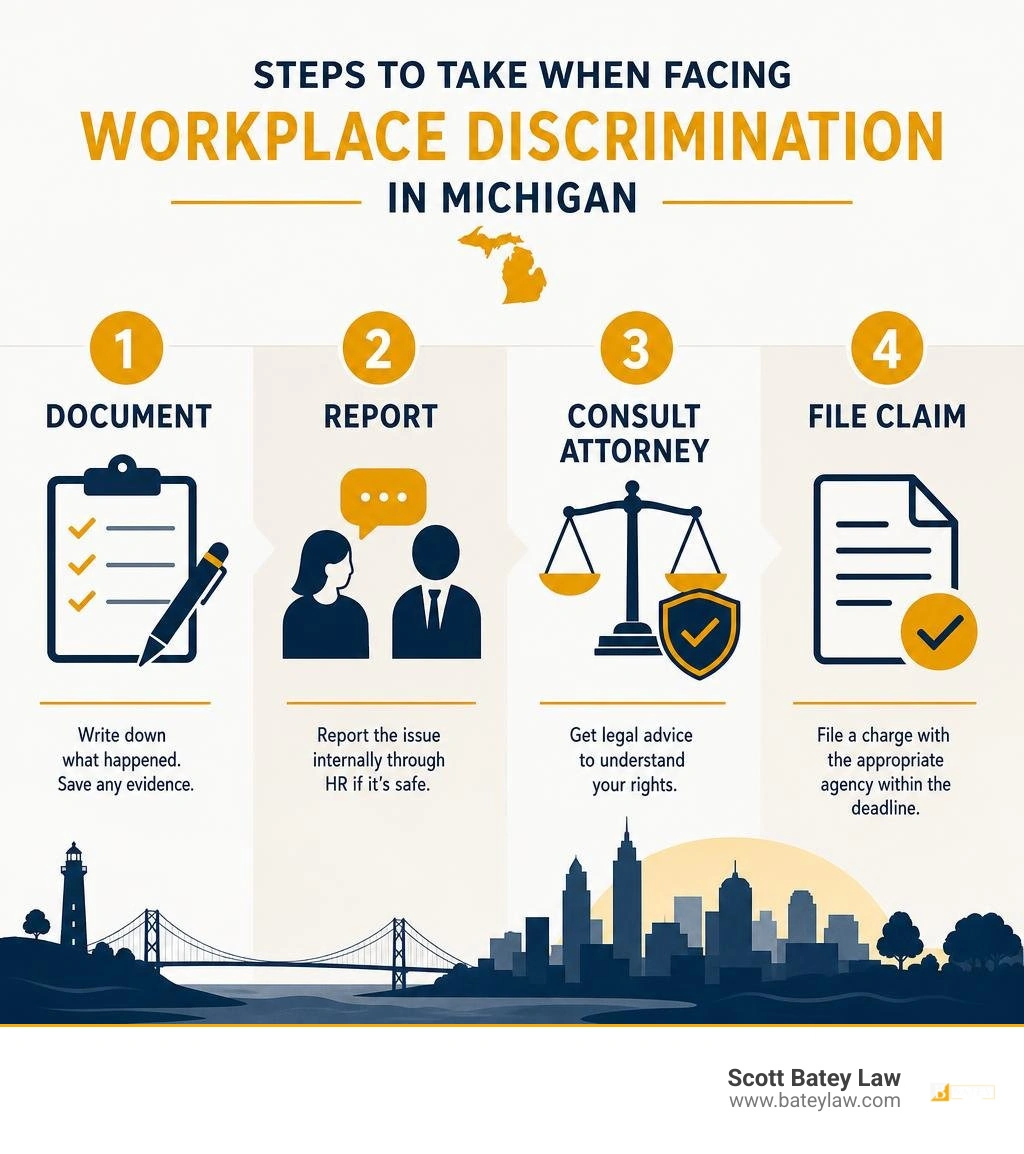 Steps to take when facing workplace discrimination in Michigan: document, report, consult attorney, file claim infographic Steps to take when facing workplace discrimination in Michigan: document, report, consult attorney, file claim infographic