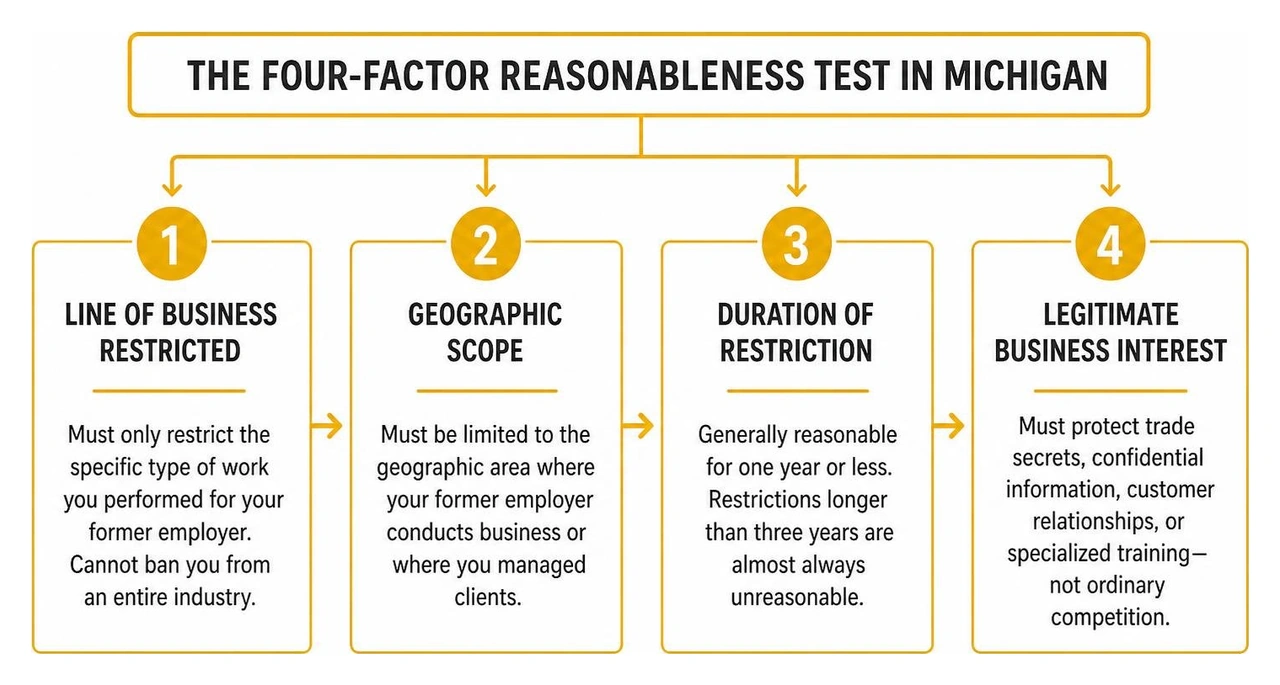 Diagram showing the four-factor reasonableness test under Michigan law Diagram showing the four-factor reasonableness test under Michigan law
