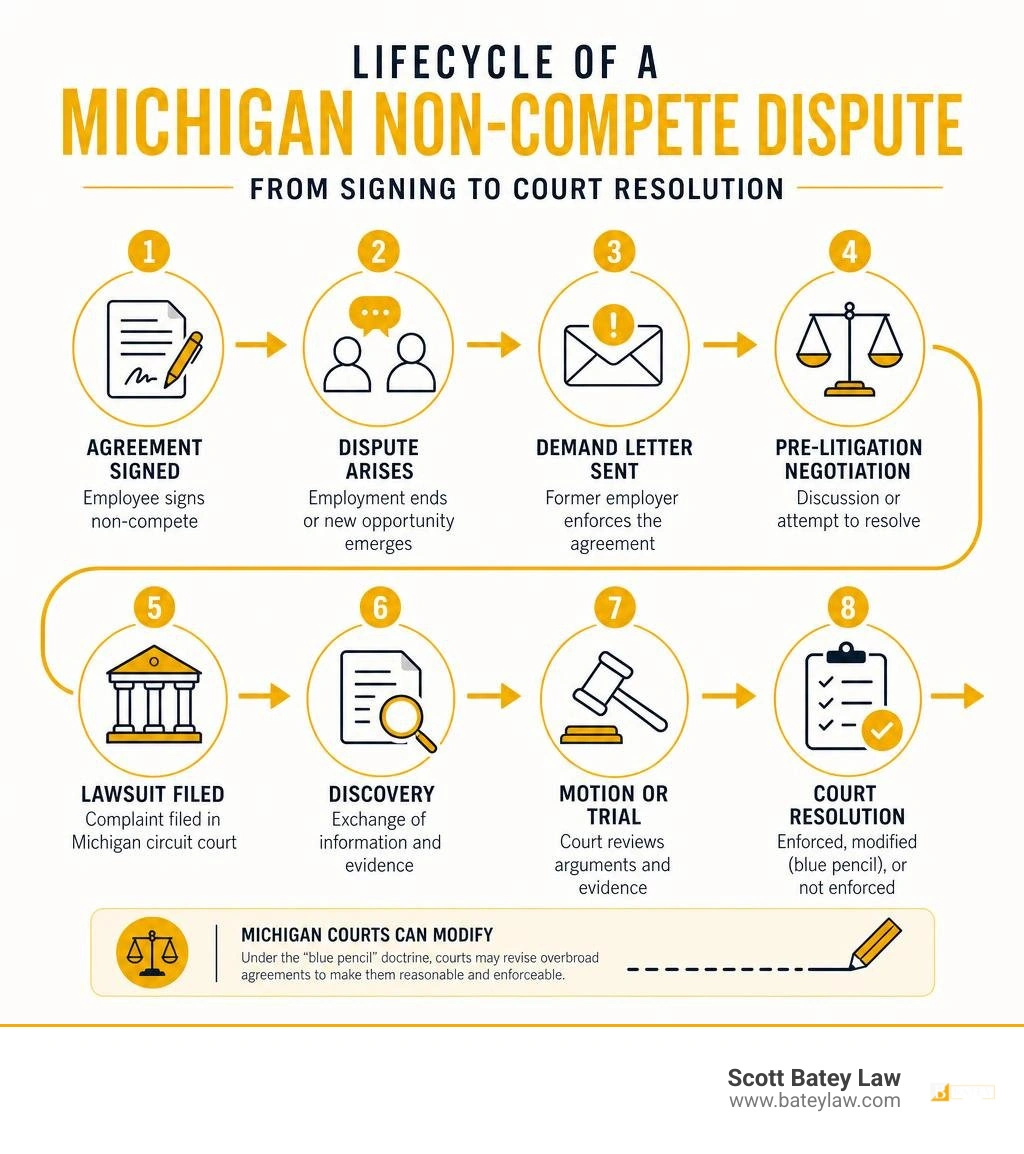 Lifecycle of a Michigan non-compete dispute from signing to court resolution infographic Lifecycle of a Michigan non-compete dispute from signing to court resolution infographic