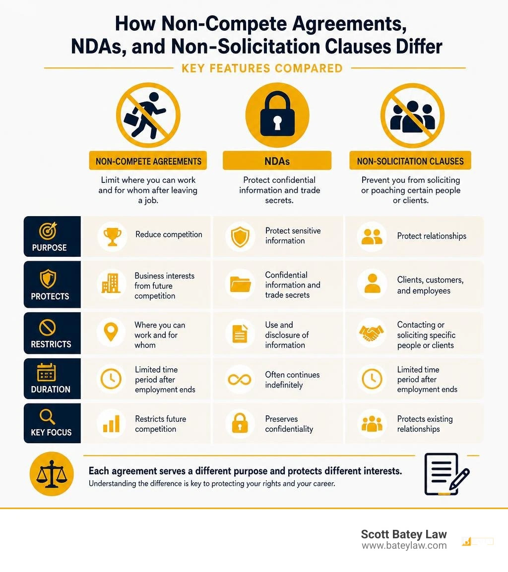How non-compete agreements, NDAs, and non-solicitation clauses differ — key features compared infographic How non-compete agreements, NDAs, and non-solicitation clauses differ — key features compared infographic