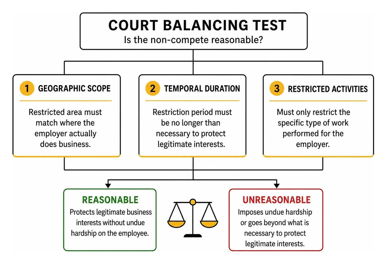 Diagram showing the balancing test courts use to determine non-compete reasonableness Diagram showing the balancing test courts use to determine non-compete reasonableness