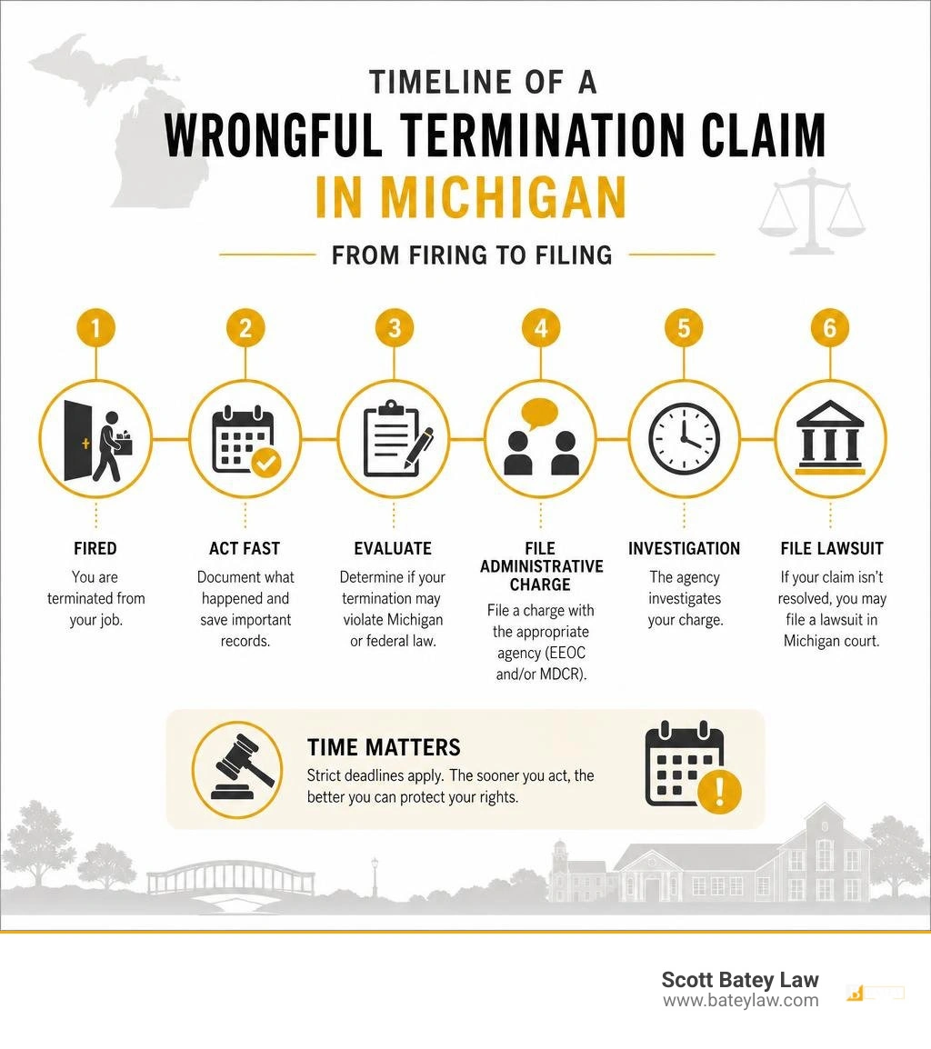 Timeline infographic of a wrongful termination claim in Michigan from firing to filing infographic Timeline infographic of a wrongful termination claim in Michigan from firing to filing infographic
