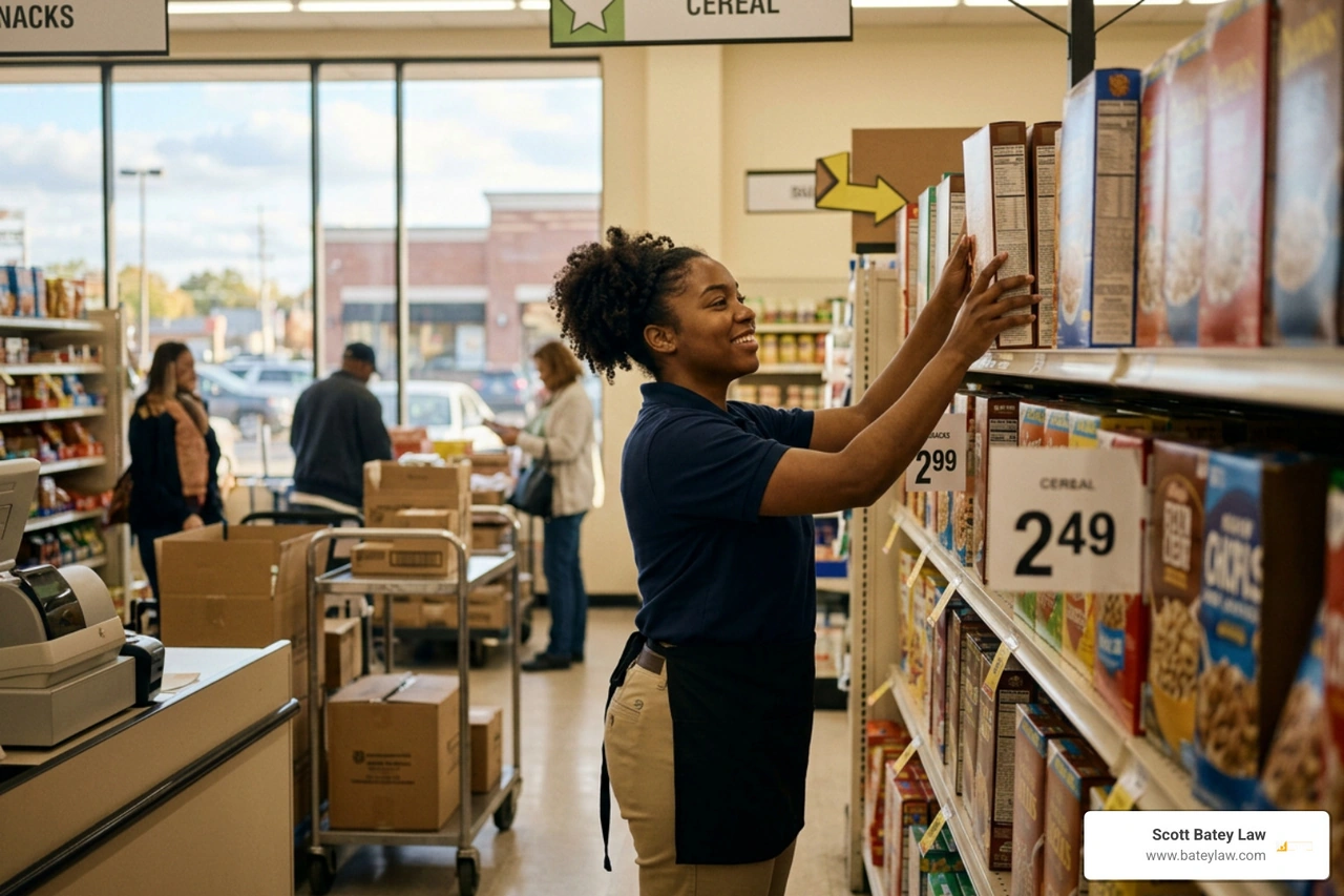retail worker on shift in Detroit suburbs retail worker on shift in Detroit suburbs