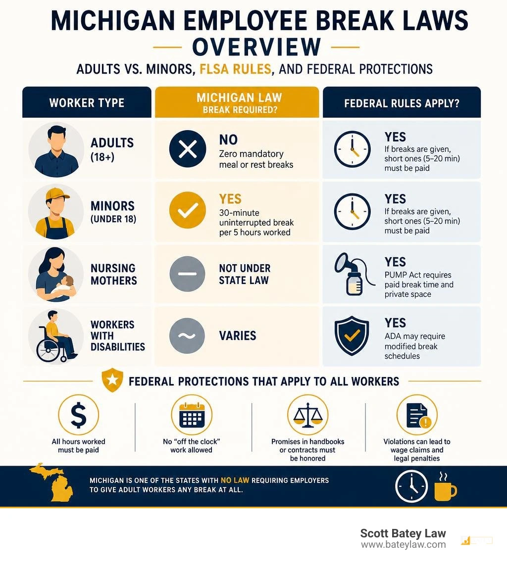 Michigan employee break laws overview: adults vs. minors, FLSA rules, and federal protections infographic Michigan employee break laws overview: adults vs. minors, FLSA rules, and federal protections infographic