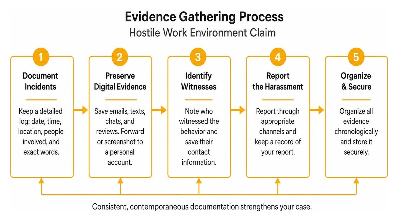 diagram showing the evidence gathering process in a hostile work environment claim
