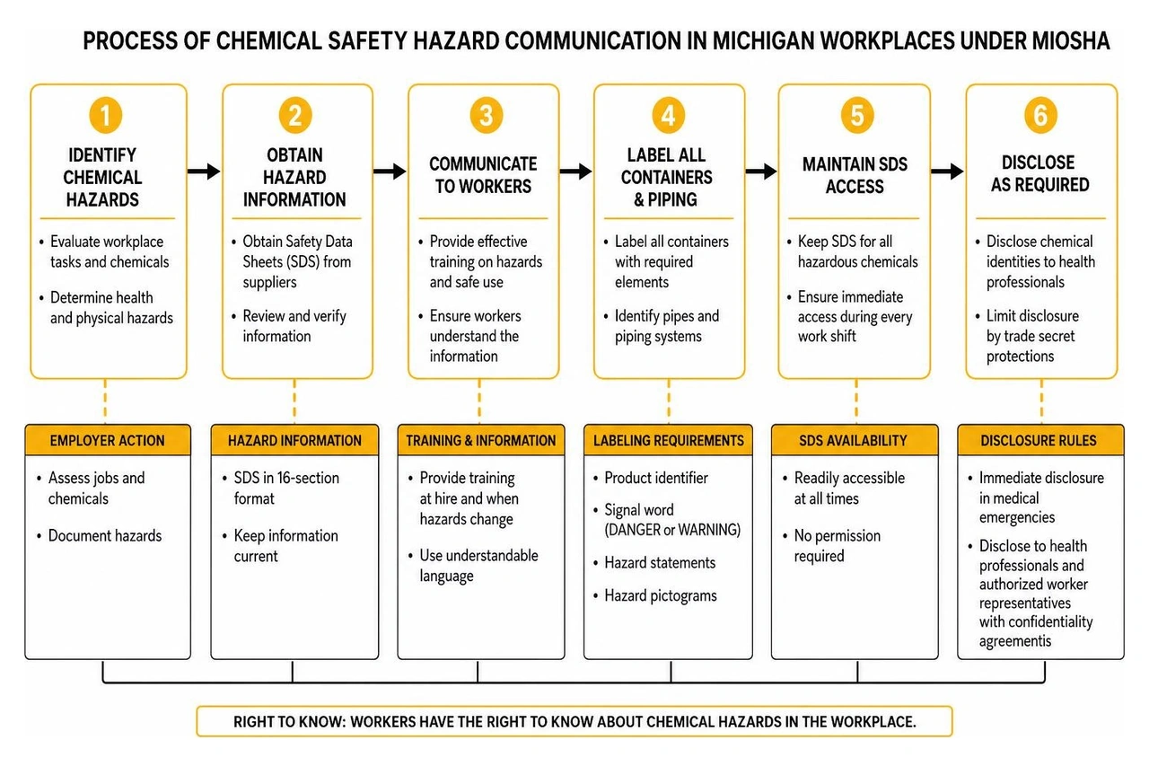Process of chemical safety hazard communication in Michigan workplaces under MIOSHA