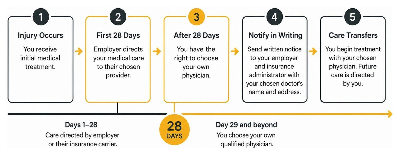 Process diagram showing medical care transfer after 28 days under Michigan law