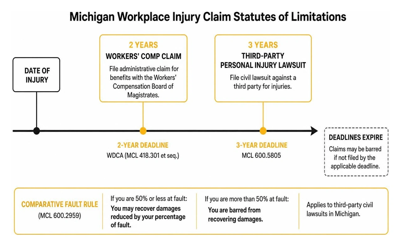 Timeline diagram showing legal statutes of limitations for Michigan workplace injury claims