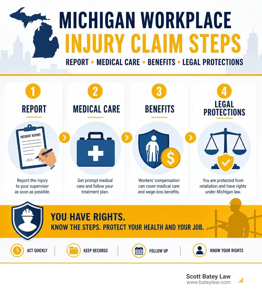 Michigan workplace injury claim steps: report, medical care, benefits, and legal protections infographic