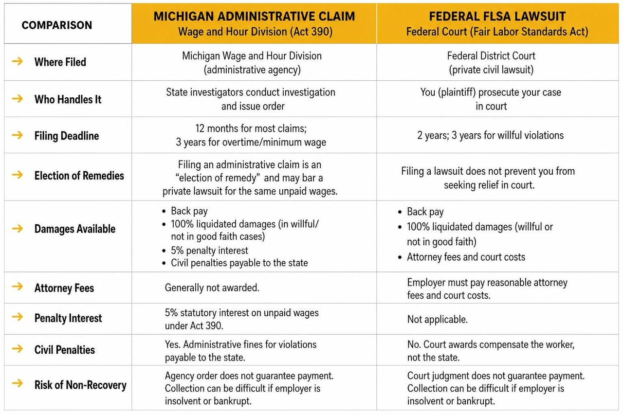 Michigan administrative claim vs Federal FLSA lawsuit comparison