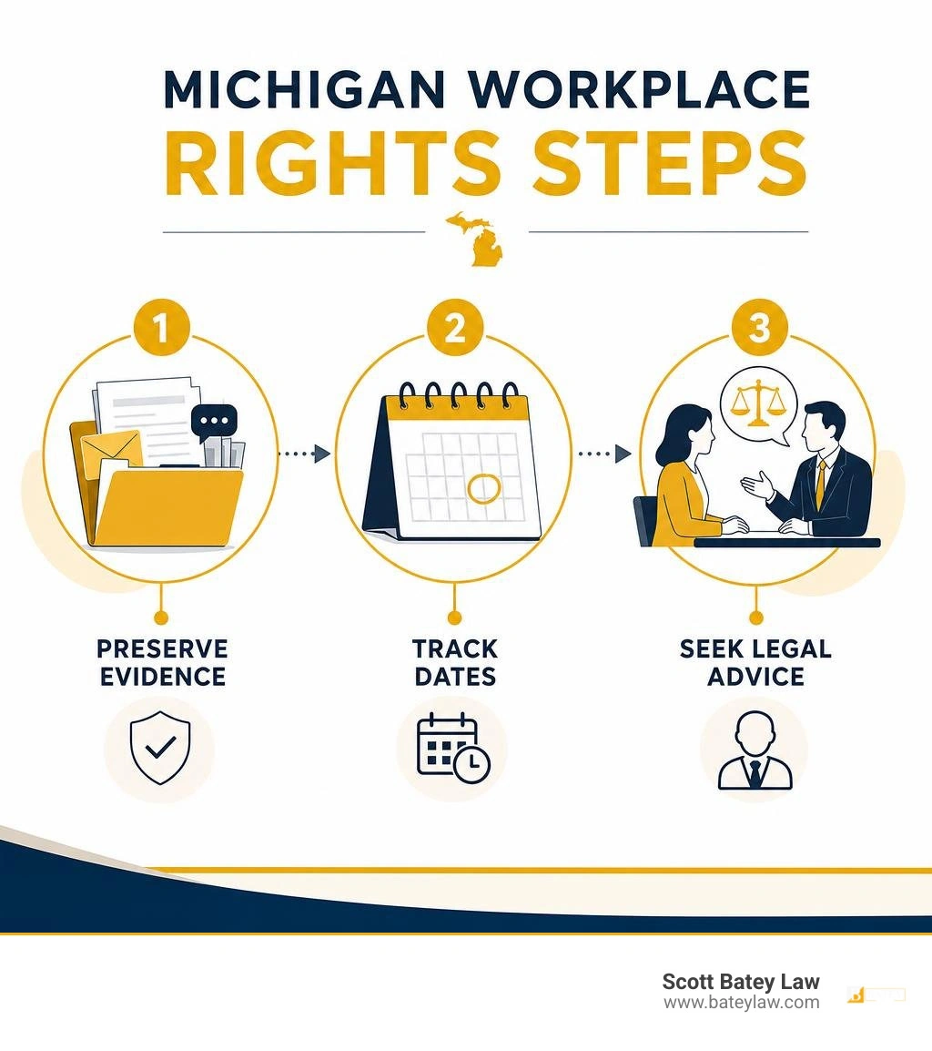 Michigan workplace rights steps: preserve evidence, track dates, seek legal advice infographic