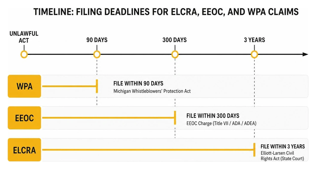 Timeline showing filing deadlines for ELCRA, EEOC, and WPA claims