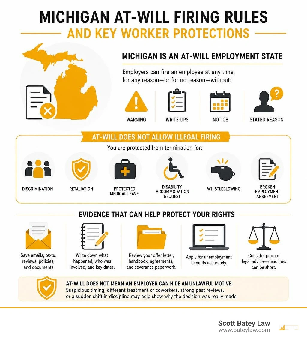 Michigan at-will firing rules and key worker protections infographic Michigan at-will firing rules and key worker protections infographic