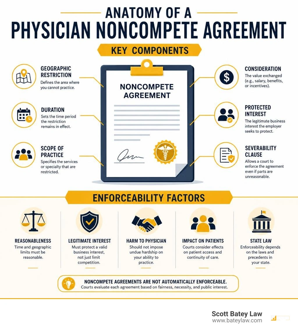 Anatomy of a physician noncompete agreement showing key components and enforceability factors infographic