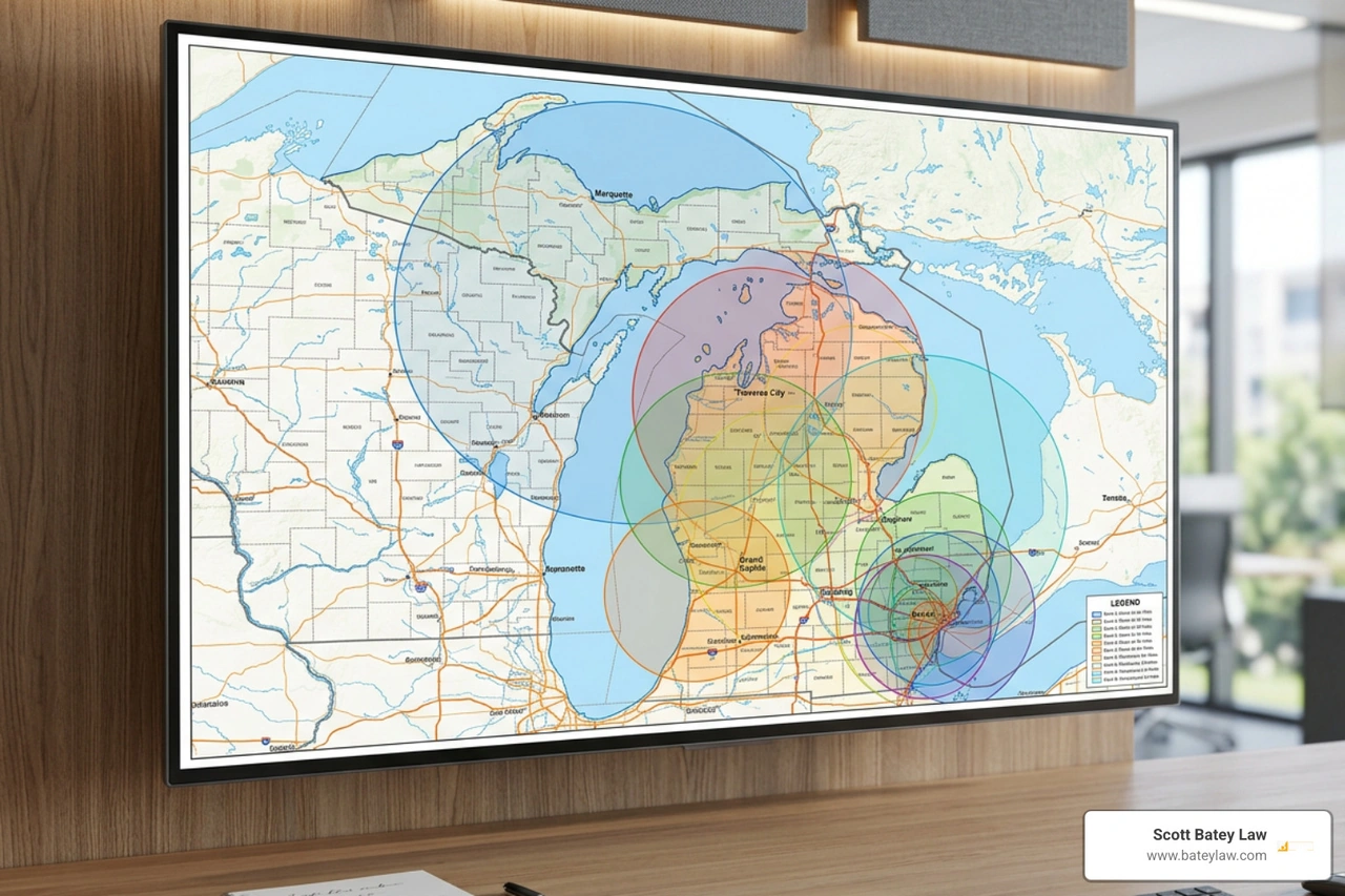 Map showing geographic radius restrictions and overlapping practice zones
