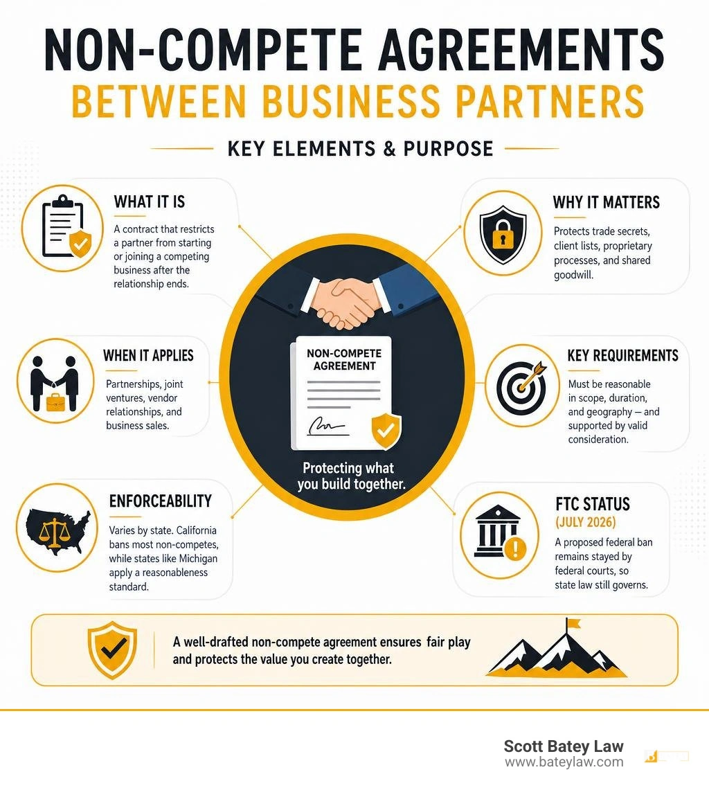 Key elements and purpose of non-compete agreements between business partners infographic infographic