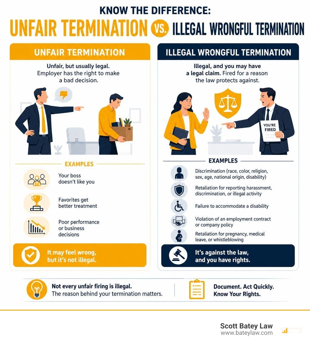 infographic showing the difference between unfair termination and illegal wrongful termination with key examples infographic infographic showing the difference between unfair termination and illegal wrongful termination with key examples infographic